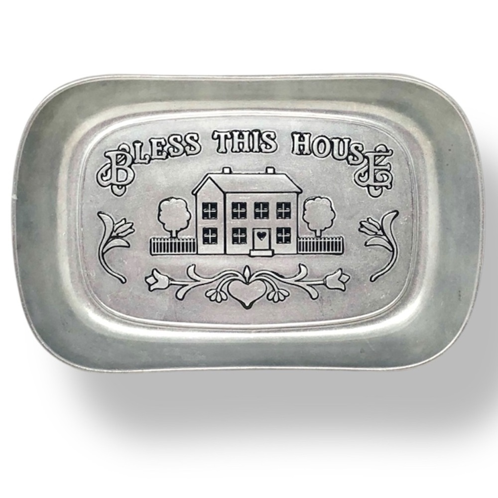 Vintage Pewter Wilton Armedale Bread Dish Decor "Bless This House" Serveware